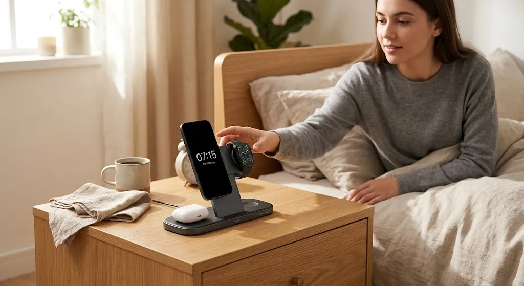 A modern 3-in-1 wireless charging station on a wooden nightstand, charging an iPhone displaying a digital clock, an Apple Watch, and AirPods simultaneously.