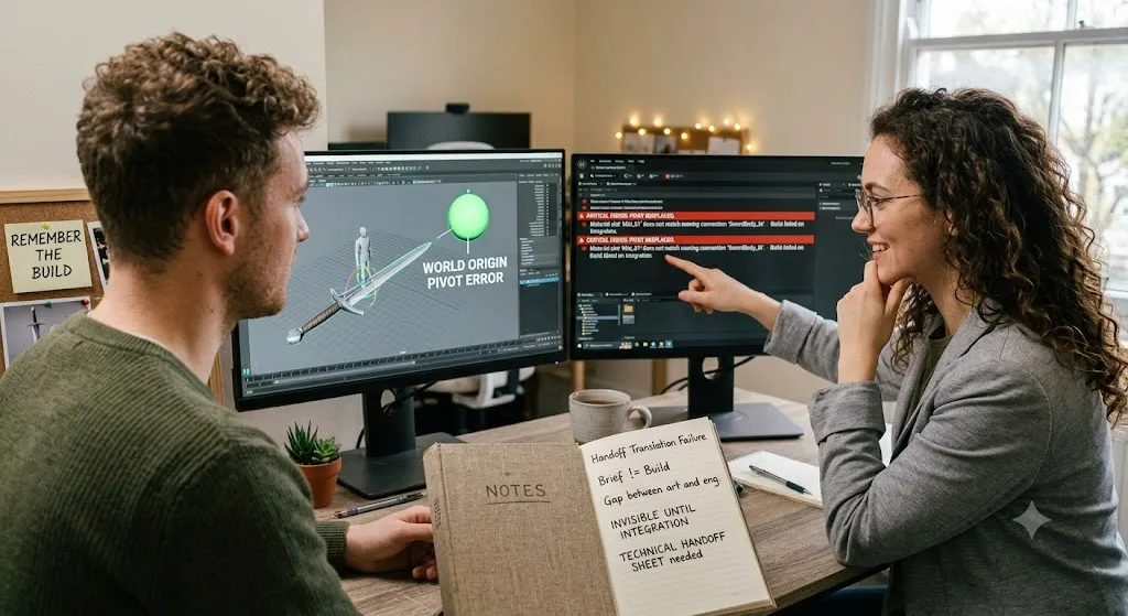 A realistic photograph of two people at a wooden desk with dual monitors, illustrating technical integration issues. The left screen shows a 3D medieval sword with a large, glowing green error gizmo far in the distance, and prominent, red, floating text that clearly reads: 'WORLD ORIGIN PIVOT ERROR'. The right screen, where a woman points, shows a list of error codes. In the foreground, an open journal with 'NOTES' on the cover displays detailed, legible handwritten notes: 'Handoff Translation Failure', 'Brief != Build', 'Gap between art and eng', 'INVISIBLE UNTIL INTEGRATION', and 'TECHNICAL HANDOFF SHEET needed'. A corkboard has small pinned photos and a handwritten note: 'REMEMBER THE BUILD'. The atmosphere is warm and professional.