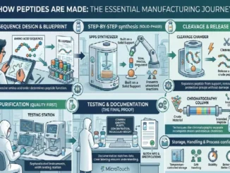 Infographic displaying the peptide manufacturing process: Sequence Design, Solid-Phase Synthesis, Cleavage, Purification, and Final Testing & Documentation.
