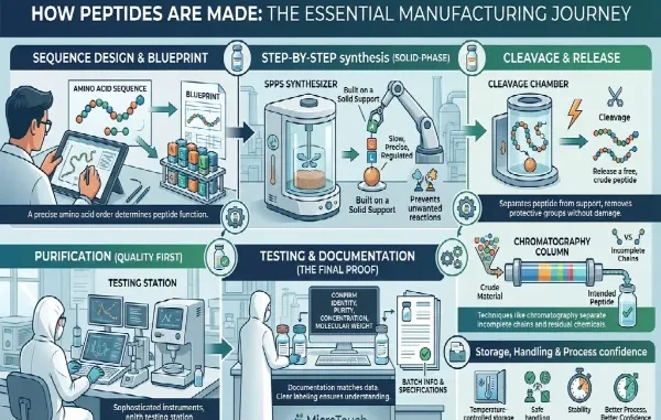 Infographic displaying the peptide manufacturing process: Sequence Design, Solid-Phase Synthesis, Cleavage, Purification, and Final Testing & Documentation.