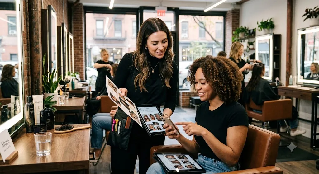 A professional hairstylist and client discussing haircut inspiration photos on a phone during a personalized consultation in a modern Manhattan hair salon.