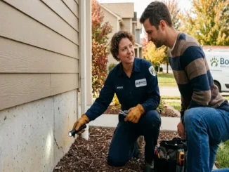 A pest control technician using a flashlight to inspect a home’s concrete foundation crack while explaining potential entry points to a homeowner outdoors.
