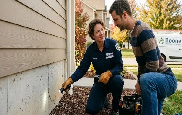 A pest control technician using a flashlight to inspect a home’s concrete foundation crack while explaining potential entry points to a homeowner outdoors.
