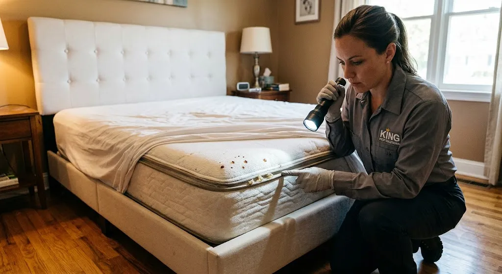 A King Pest Solutions professional wearing gloves and holding a flashlight inspects a mattress seam for early signs of bed bugs in a residential bedroom.
