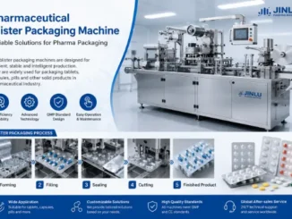 Infographic showcasing a Jinlu automatic pharmaceutical blister packaging machine, illustrating the 5-step process: forming, filling, sealing, cutting, and finished blister packs.
