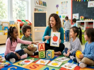 A diverse group of preschool children sitting on a colorful classroom rug with a teacher, interacting with large alphabet blocks and picture cards during a phonics learning activity.