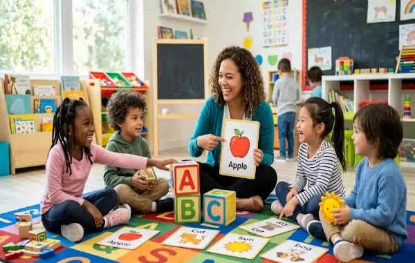 A diverse group of preschool children sitting on a colorful classroom rug with a teacher, interacting with large alphabet blocks and picture cards during a phonics learning activity.
