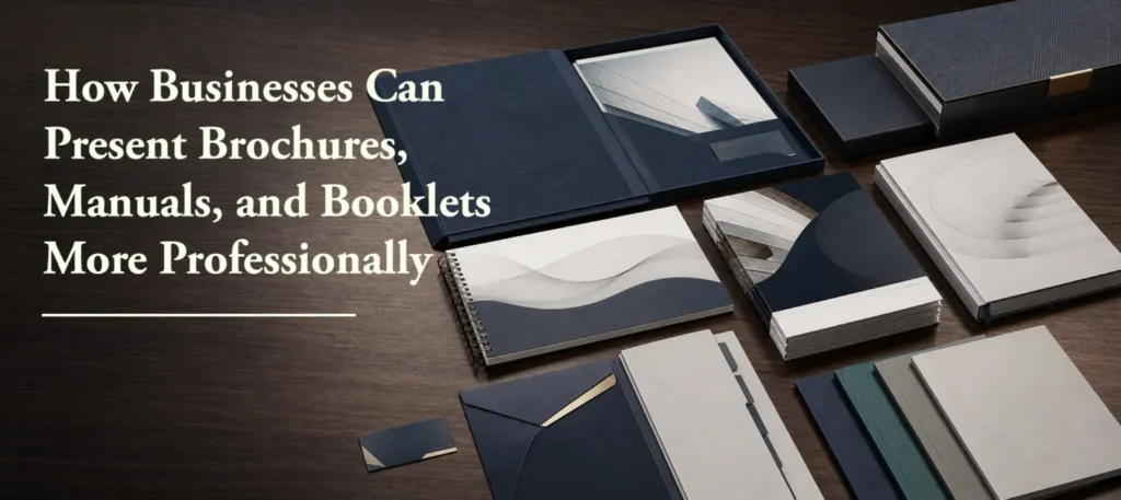 Professional corporate stationery setup featuring custom booklets, spiral-bound manuals, presentation folders, and business cards displayed on a dark wooden surface.
