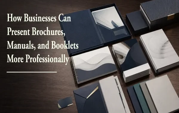 A collection of elegantly designed corporate brochures, spiral-bound manuals, presentation folders, and booklets arranged neatly on a dark wooden desk.