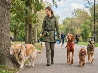 A professional dog walker, wearing an olive-green jacket and utility belt, walks along a paved park path, managing four dogs of different breeds on leashes.