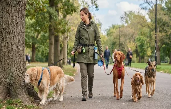 A professional dog walker, wearing an olive-green jacket and utility belt, walks along a paved park path, managing four dogs of different breeds on leashes.
