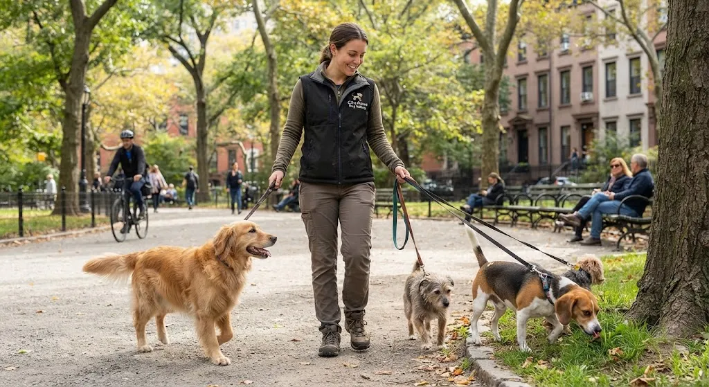 A professional dog walker smiling while walking four diverse dogs on leashes along a paved path in a leafy park, with one dog sniffing the grass, trees and historic brownstone buildings in the background.