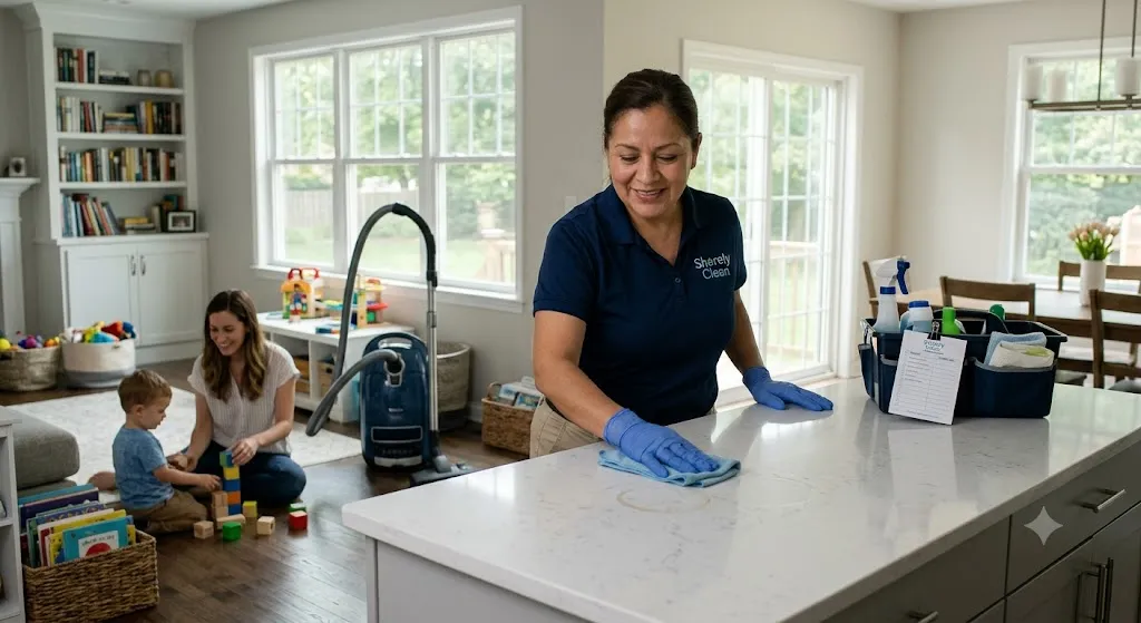 A friendly professional cleaner wearing a navy polo and blue gloves wipes a clean marble kitchen island with a microfiber cloth. Beside her sits a organized cleaning caddy. In the background, a mother plays with building blocks alongside her toddler in a sunlit, tidy living room.