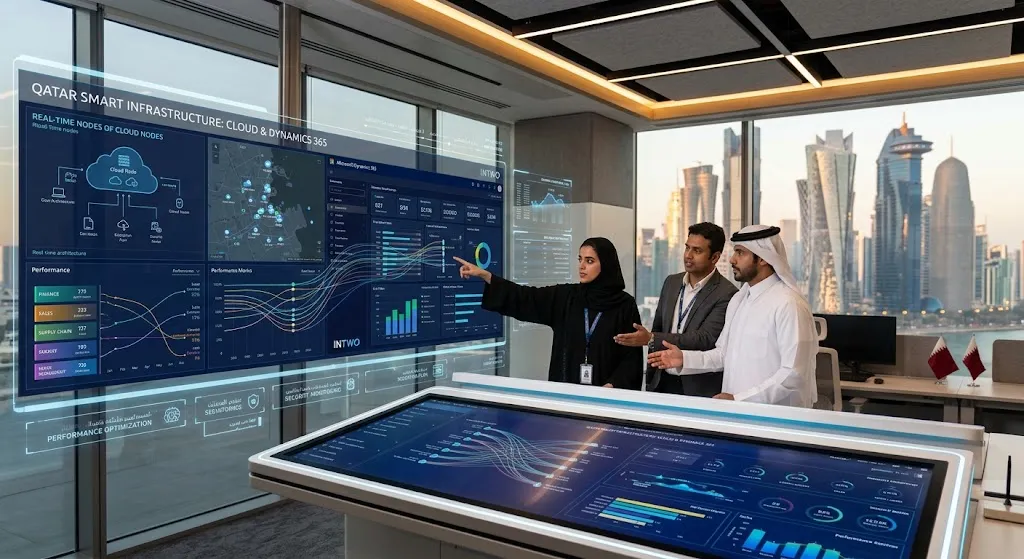 Three professionals, including two Qatari men in traditional attire and a woman, analyzing complex data dashboards on massive interactive screens in a modern Doha office overlooking the city skyline. The screens display schematics for 'Qatar Smart Infrastructure: Cloud & Dynamics 365'.