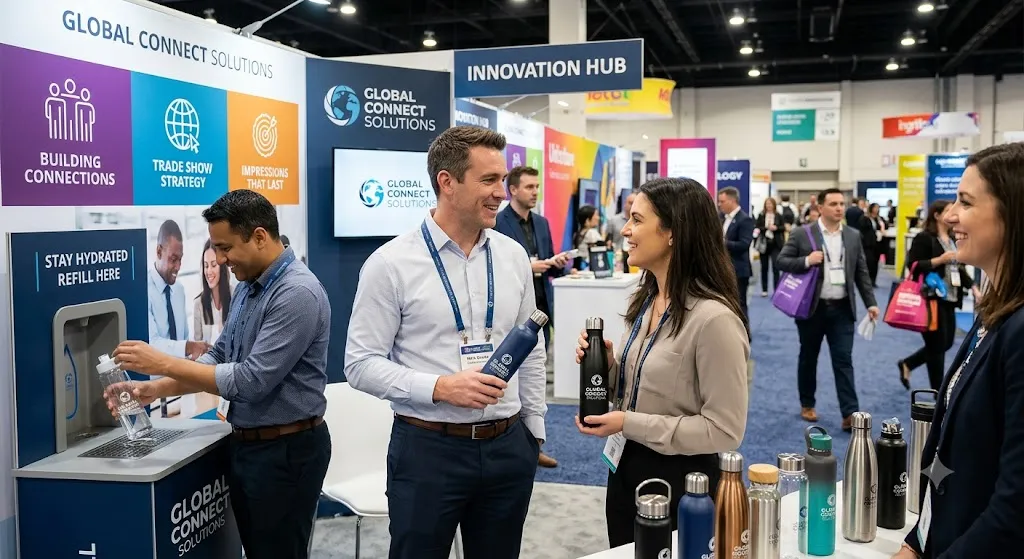 Professionals engaging at a modern corporate trade show booth, discussing branded stainless steel reusable water bottles displayed on a counter alongside a branded hydration refilling station.