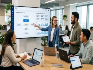 A group of five professionals collaborate in a modern, plant-filled office, focusing on a large monitor displaying a flow chart of a Custom CRM Workflow. The woman in a blue blazer points to the screen, while colleagues around a table review matching interfaces on their laptops and tablets.