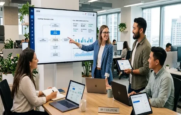 A group of five professionals collaborate in a modern, plant-filled office, focusing on a large monitor displaying a flow chart of a Custom CRM Workflow. The woman in a blue blazer points to the screen, while colleagues around a table review matching interfaces on their laptops and tablets.