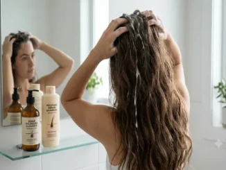 A woman with long, thick wavy hair massaged shampoo into her scalp in front of a bathroom mirror, next to two bottles labeled Scalp Balancing Cleanser and Moisture Repair Shampoo.