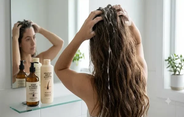 A woman with long, thick wavy hair massaged shampoo into her scalp in front of a bathroom mirror, next to two bottles labeled Scalp Balancing Cleanser and Moisture Repair Shampoo.