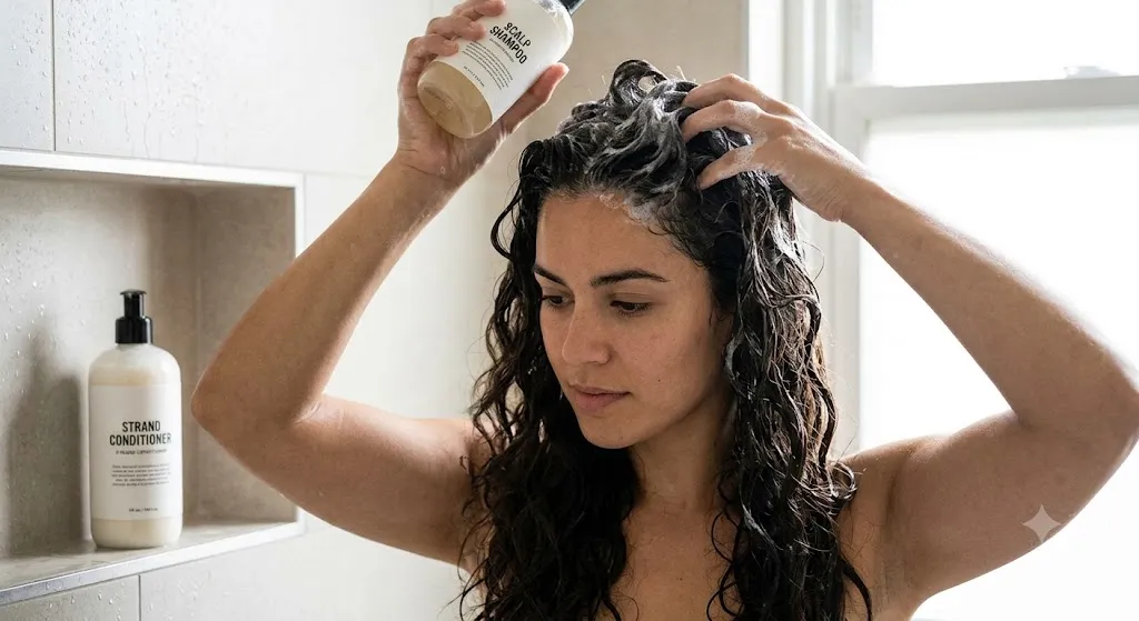 Close-up of a woman massaging scalp-targeted shampoo into thick hair roots, illustrating proper hair care technique for differing scalp and strand needs.