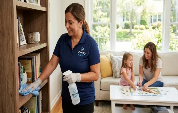 A uniformed Shorely Clean professional dusts a bookshelf while a mother and daughter relax and play a puzzle in a bright, clean living room.