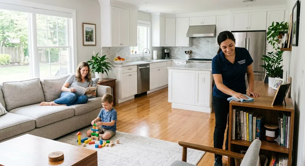 A professional cleaner wiping down furniture in a bright, modern open-concept living room while a mother relaxes on the sofa and her young child plays with blocks.