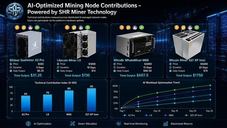 Infographic detailing SHR Miner cloud computing contracts, prices, durations, and AI-optimized node contribution metrics for Bitcoin, Litecoin, and WhatsMiner hardware.