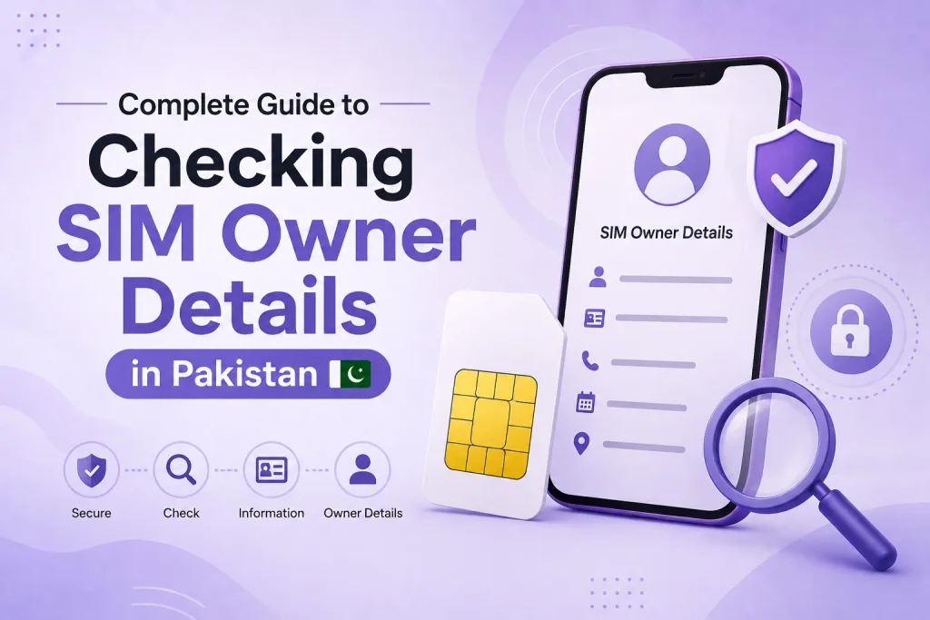 A 3D infographic showing a mobile phone screen with 'SIM Owner Details' and security icons, a SIM card, and a magnifying glass, representing the process of verifying mobile numbers against national ID.