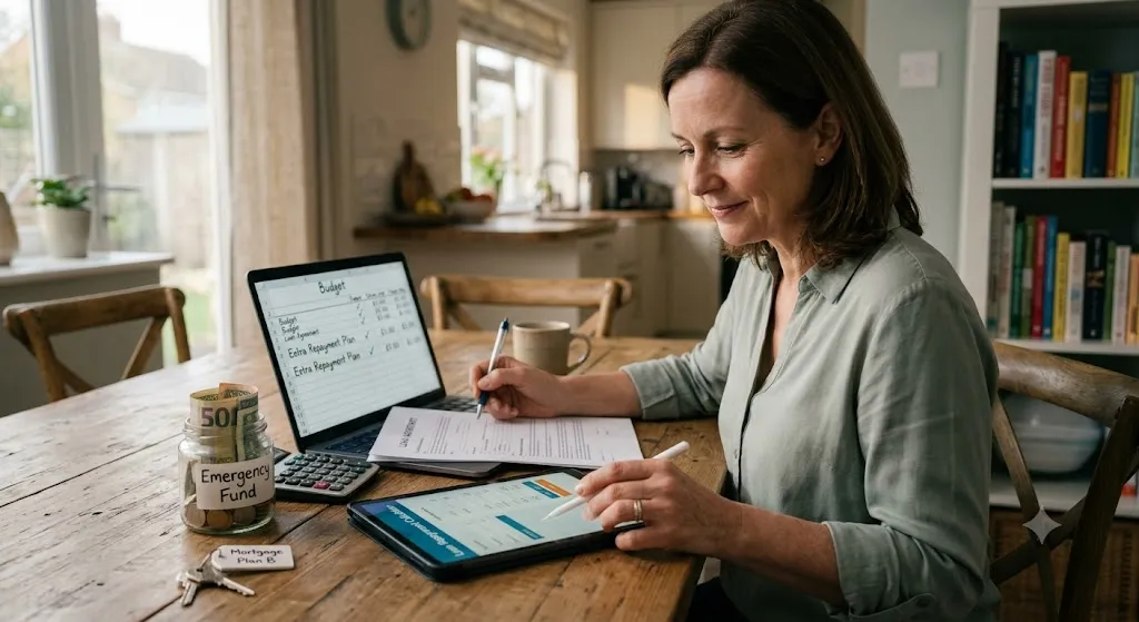 A woman sitting at a dining table organizing her finances, using a tablet calculator and a budget spreadsheet to plan loan repayments next to an emergency fund jar.