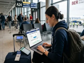 A female traveler sitting at a Berlin airport terminal using a laptop displaying a flight fare tracker, next to a carry-on bag with a digital luggage scale reading 9.8 kg.