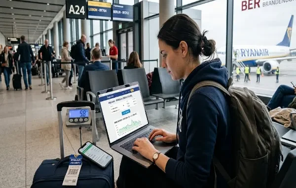 A female traveler sitting at a Berlin airport terminal using a laptop displaying a flight fare tracker, next to a carry-on bag with a digital luggage scale reading 9.8 kg.