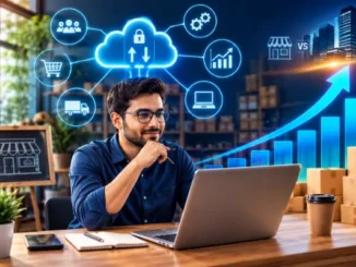 A smiling male small business owner working on a laptop at a desk surrounded by digital icons representing cloud computing, cybersecurity, logistics, e-commerce, and an upward growth trend chart.