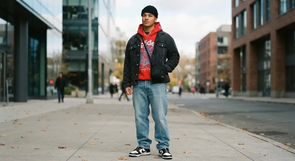 A young man showcasing a complete streetwear look on an urban street, featuring a bold red Sp5der Worldwide hoodie under a black denim jacket, paired with relaxed light-wash jeans, a black beanie, a crossbody bag, and clean sneakers.