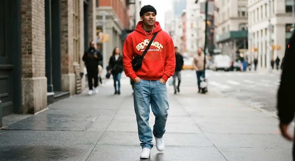 A young man walking down a city sidewalk wearing a vibrant red Sp5der Worldwide hoodie, relaxed-fit blue denim jeans, a black beanie, a crossbody bag, and clean white sneakers.