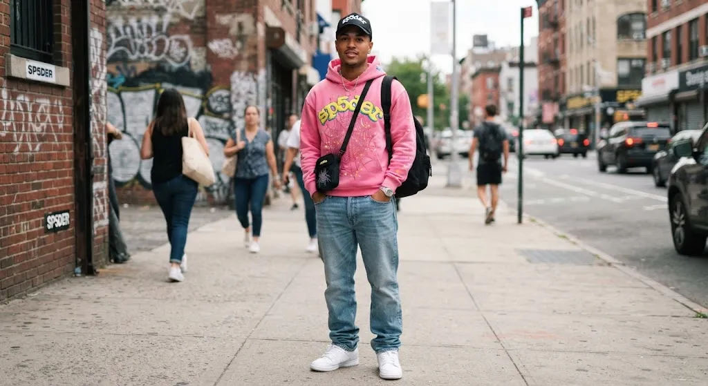 A young man standing on a city sidewalk wearing a vibrant pink Sp5der Worldwide graphic hoodie, relaxed blue denim jeans, white sneakers, a matching cap, and a crossbody bag, showcasing a casual everyday streetwear look.