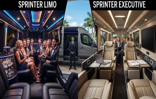 A side-by-side comparison image for a luxury transport article. The left side displays the party-oriented, social interior of a Sprinter Limo with ambient lighting and champagne glasses. The right side shows the professional, productive mobile-boardroom layout of a Sprinter Executive with leather captain's chairs and work tables.