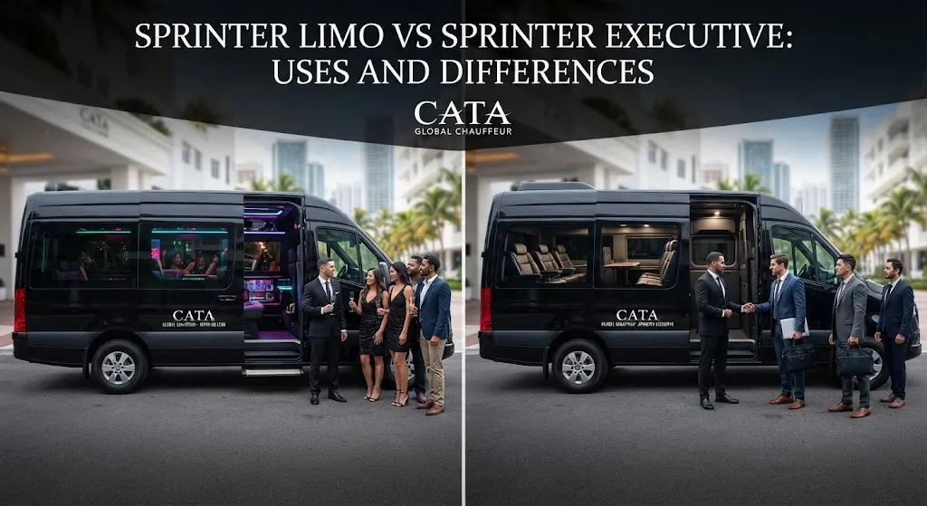 A split-screen comparison image featuring Cata Global Chauffeur Mercedes-Benz Sprinter vans parked outside a luxury hotel in Miami. The left side shows a Sprinter Limo with party-style interior lighting and a group of friends celebrating outside. The right side shows a Sprinter Executive configured like a mobile boardroom with a group of business professionals in suits networking outside. The title of the article, "Sprinter Limo vs Sprinter Executive: Uses and Differences," and the Cata Global Chauffeur logo appear at the top.