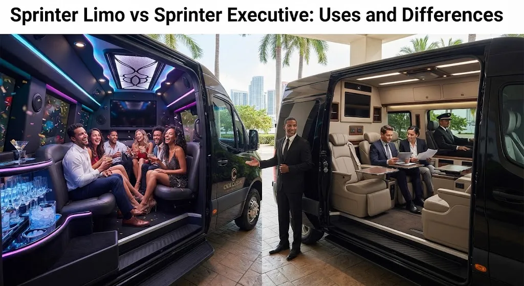 A comparison image for an article titled "Sprinter Limo vs Sprinter Executive: Uses and Differences," showing two Mercedes-Benz Sprinter van interiors side-by-side with a professional chauffeur in the middle; the left side displays a social Sprinter Limo interior with perimeter seating, colorful neon lighting, and a bar setup, while the right side displays a corporate Sprinter Executive interior arranged like a mobile boardroom with leather captain's chairs and work tables.