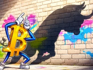 A cartoon Bitcoin mascot standing in front of a brick wall, casting a large bullish market shadow.