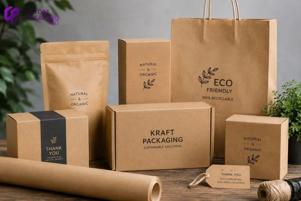 An assortment of sustainable custom kraft boxes, pouches, shopping bags, and paper rolls featuring natural branding on a wooden table.