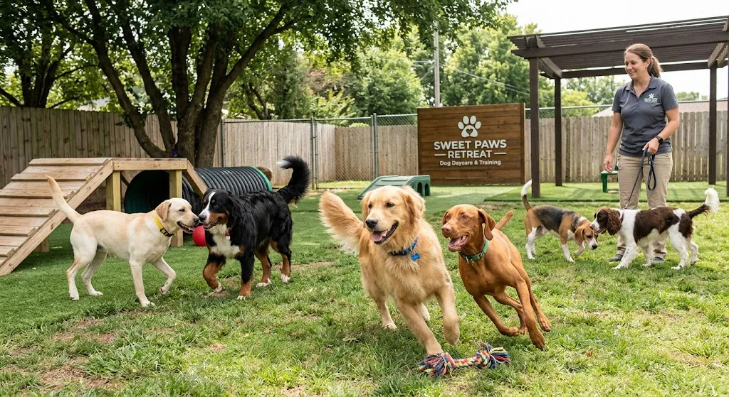 A bright outdoor dog daycare park featuring a Golden Retriever, Vizsla, and other dogs running around agility equipment with a caregiver supervising.