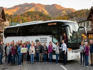A large group of smiling adult travelers poses on a sidewalk in Gatlinburg, Tennessee, next to a "TENNESSEE EXPLORER CHARTERS" motorcoach with "ULTIMATE TN GUIDE" on the destination sign. The group stands before a street lined with rustic stores, and in the background are mountains covered in vibrant autumn foliage. One person is looking at a map.