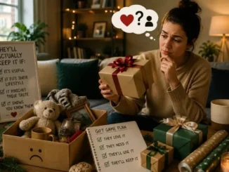 A woman holding a gift wrapped in brown paper, thoughtfully looking at a gift checklist and a box of discarded items.