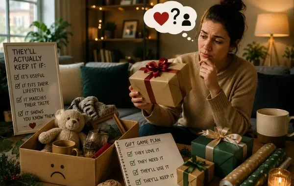 A woman holding a gift wrapped in brown paper, thoughtfully looking at a gift checklist and a box of discarded items.
