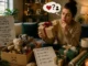 A woman holding a gift wrapped in brown paper, thoughtfully looking at a gift checklist and a box of discarded items.