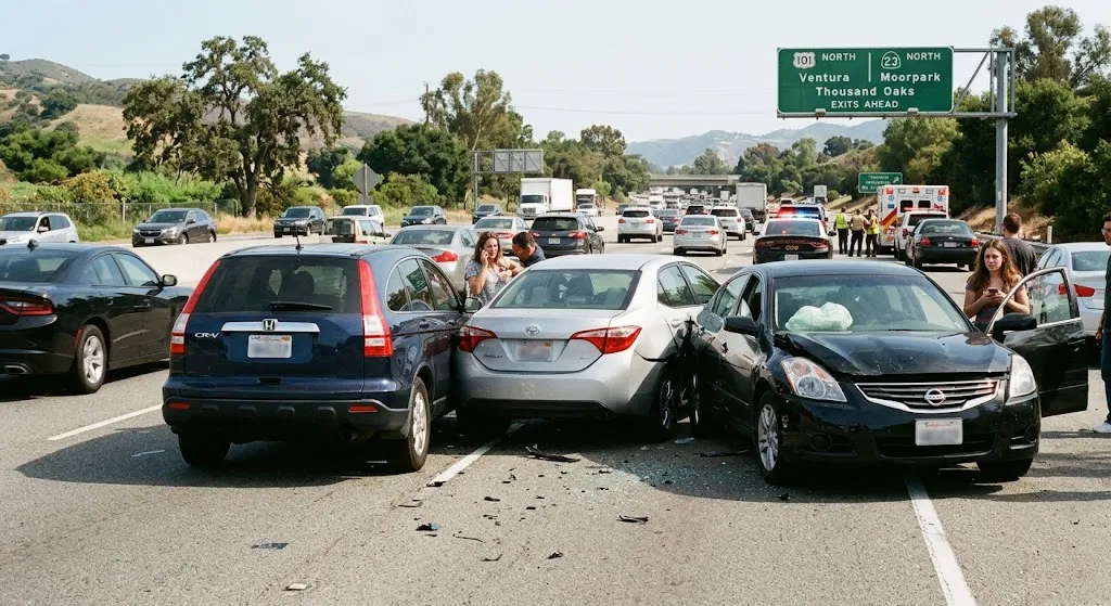 A multi-car rear-end accident on Highway 101 in Thousand Oaks, California. Three damaged sedans and SUVs block traffic lanes near a highway overhead sign directing toward Ventura and Moorpark, with drivers visible on the side of the road on their phones and emergency responder vehicles parked in the background.