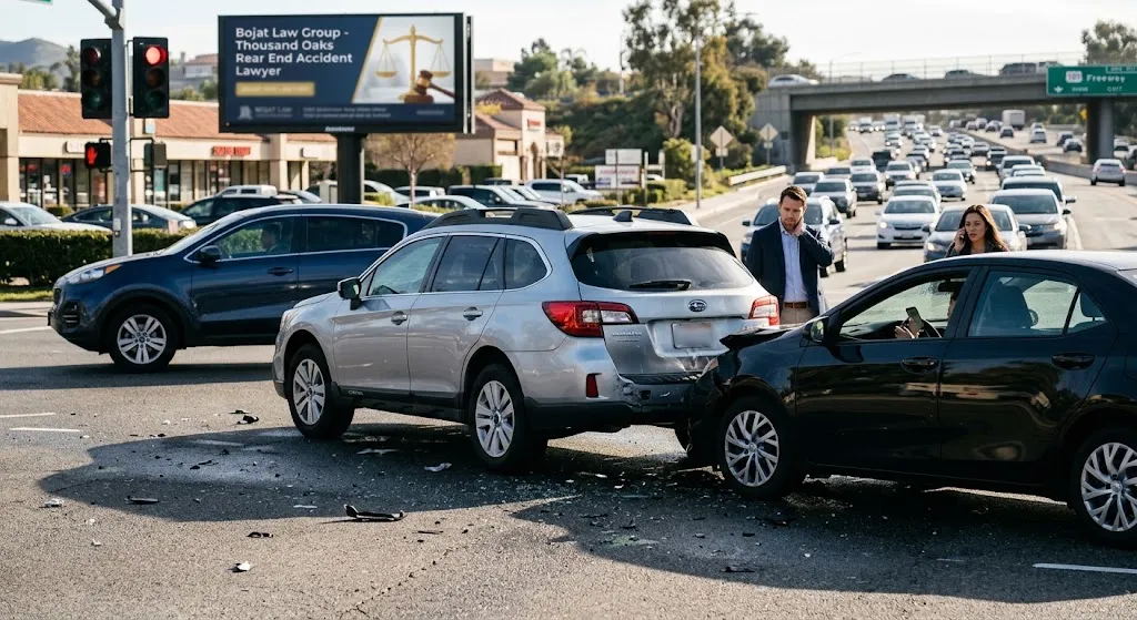 A multi-car rear-end collision involving a silver SUV and a black sedan at a busy intersection in Thousand Oaks, California. Distressed drivers are seen on their phones amidst debris and traffic. A legal billboard for 'Bojat Law Group - Thousand Oaks Rear End Accident Lawyer' is visible in the background against a backdrop of local shops and a freeway overpass.