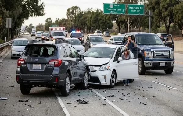 A multi-car rear-end collision on a Southern California highway near green signs pointing toward Thousand Oaks and Moorpark Road.