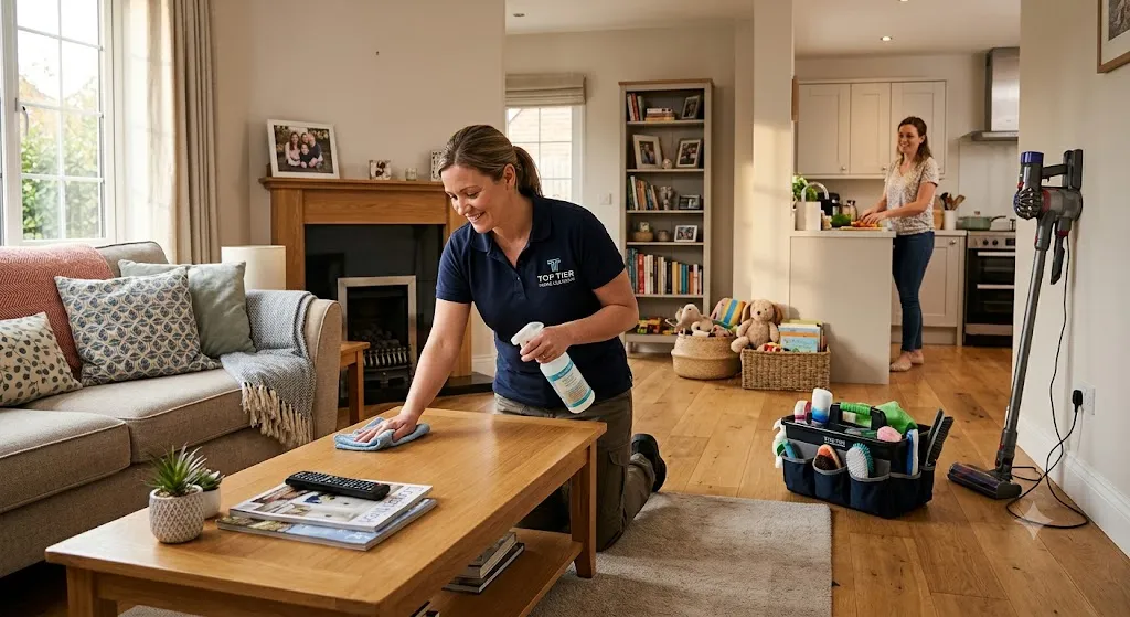 A professional cleaner from Top Tier Home Cleaning wiping down a wooden coffee table in a bright, modern living room while the homeowner relaxes in the background.