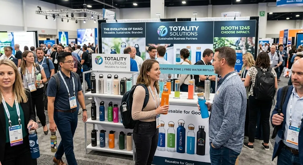 Attendees interacting at a trade show booth featuring customized stainless steel and eco-friendly reusable water bottles.